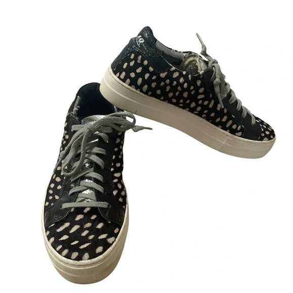 P448 John Calf Hair Spotted Cowiena Sneaker Black White Leather Size 39 - Picture 5 of 14